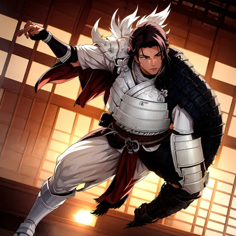 Male anime character in a fighting pose with a shogun armor on. In the background, ancient Japanese buildings