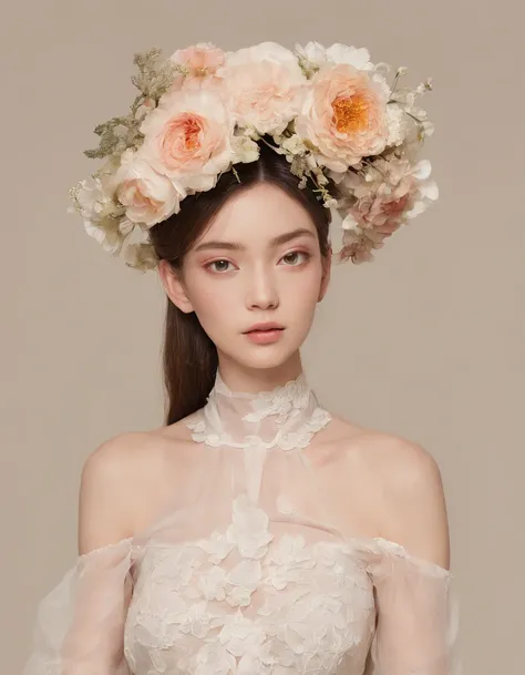 She has multiple flowers on her head。the head is covered with bloom,。 She is very young, Elegant and beautiful 18 year old woman.
She wears slim, See-through, Off-the-shoulder, halterneck dress.
her hair is long and straight. She sits on an antique chair. ...