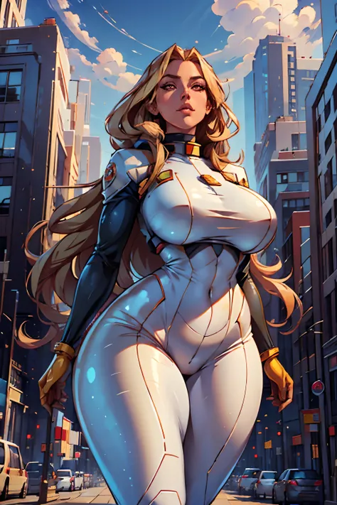 a tall giant women, western, long blonde hair, curvy body, red eyes, wearing space suit, standing next a building, masterpiece, best quality, detailed skin, detailed eyes,8k, good shading, beautiful strokes, detailed background, good anatomy