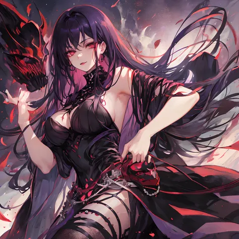 Woman, long dark purple hair, red eyes with a bright light, black long open dress, witch, silver jewelry in the shape of ribs, metal mask on half of the face, black lipstick