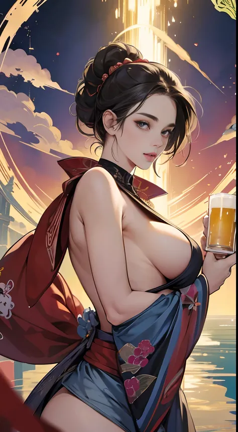 Ukiyo-e style. Mabel Attwell, Frank Pape, Japanese anime surreal mysterious bizarre sci-fi fantasy fantasy Earth sinking into a beer mug, a girl, hyperdetailed high resolution high definition high quality masterpiece, girl is getting happy with beer, takin...