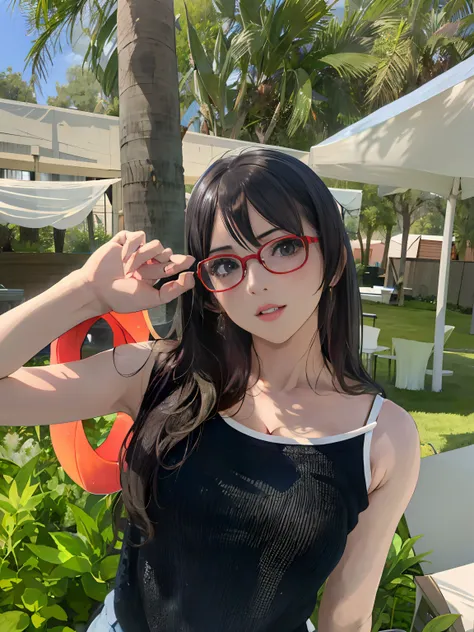 Woman with glasses standing in the grass, Belle Delphine, with glasses, wavy long black hair and glasses, anime thai girl, 奈良美智, real life anime girl, sakimichan, dilraba dilmurat, With long hair, long black hair with bangs、perfect fingers、large full breas...