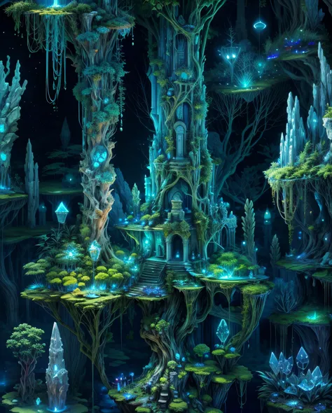 a hidden fantasy jungle deep underground, bioluminescent fungi lighting the way, enormous crystal formations, and ancient ruins ...