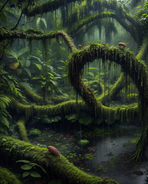 a perilous fantasy jungle during a torrential downpour, twisted vines, carnivorous plants, and lurking creatures, the air thick ...