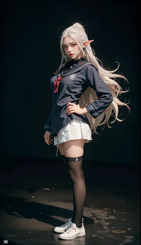 (gakuran：1. Mature elven beauty，standing on your feet，a sailor suit）， tmasterpiece， best qualtiy， RAW photogr， realisticlying， Incredibly Ridiculous res，Elf long ears， ear studs，hair pin， (Long silver-white flowing hair)，eye shadows，(a sailor suit)，eardrop...