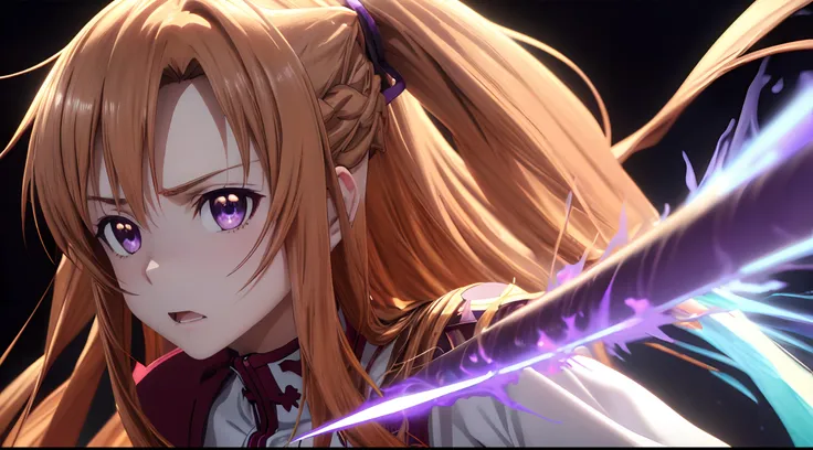 best pictures, masutepiece, ​masterpiece、super precision、Thrusting sword、[3D images:1.25]、(With high quality anime cute Asuna with brown hair and brown eyes)、During the showdown、(Asuna fallen into darkness with purple hair and purple eyes on black backgrou...