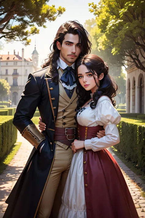 The Spanish Revolution of 1790, homem de 20 anos, robusto, cabelo preto encaracolado e menina de 18 anos, era casal, various poses and expressions in front of a Spanish castle, Historical novel book illustration style, simples, cabelos castanhos compridos,...