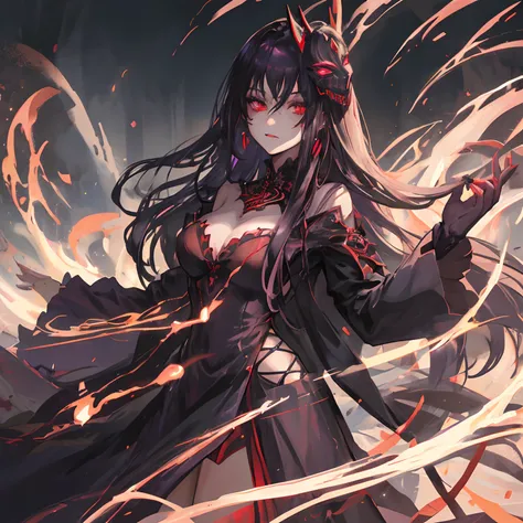 Woman, long dark purple hair, red eyes with a bright light, black long open dress, witch, silver jewelry in the shape of ribs, metal mask on half of the face, black lipstick