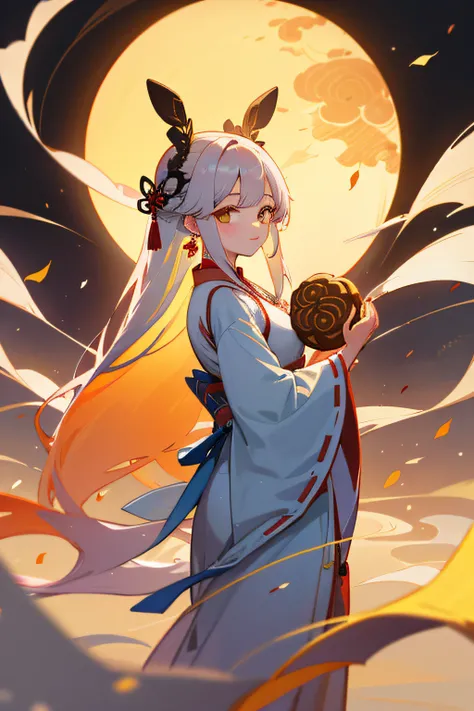 1 girl, ancient Chinese Hanfu, long hair to mid-back, rabbit earrings, mooncake, full moon, white kite, colorful autumn,8K,  --ar 9:16 --s 750 --niji 5