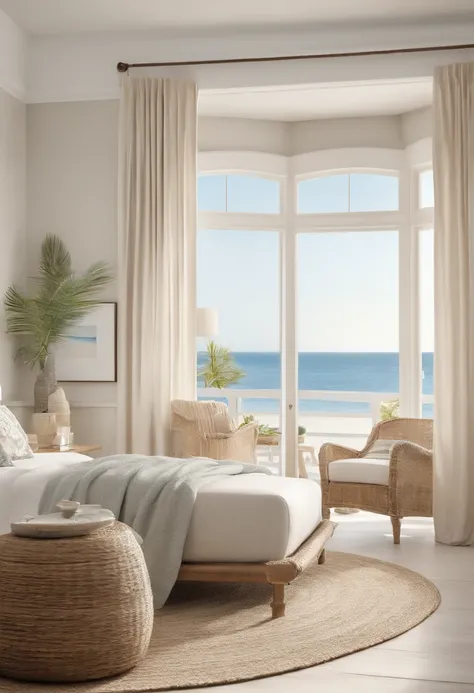 (best quality,4k,8k,highres,masterpiece:1.2),ultra-detailed,(realistic,photorealistic,photo-realistic:1.37),Coastal interior design,beachy ambiance,bedroom with a view,seaside elegance,airy and bright,breezy atmosphere,soft and soothing color palette,beach...