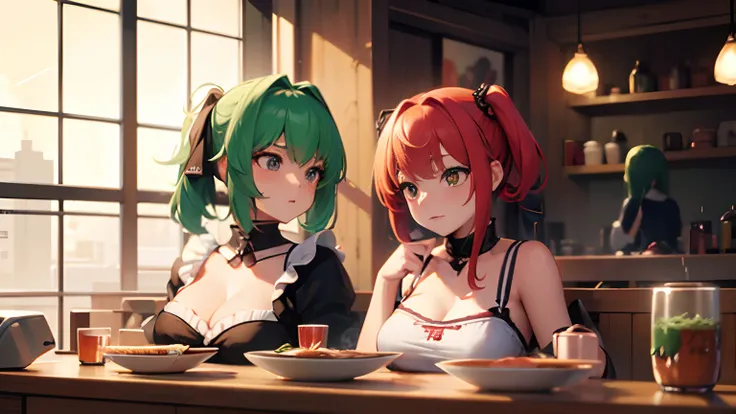 masterpiece, lots of detail, 4k, 8k, ((ultra-detailed)), highres, soft lighting, 2girls, ramen shop, {multicolored hair|green hair|red hair|white hair}