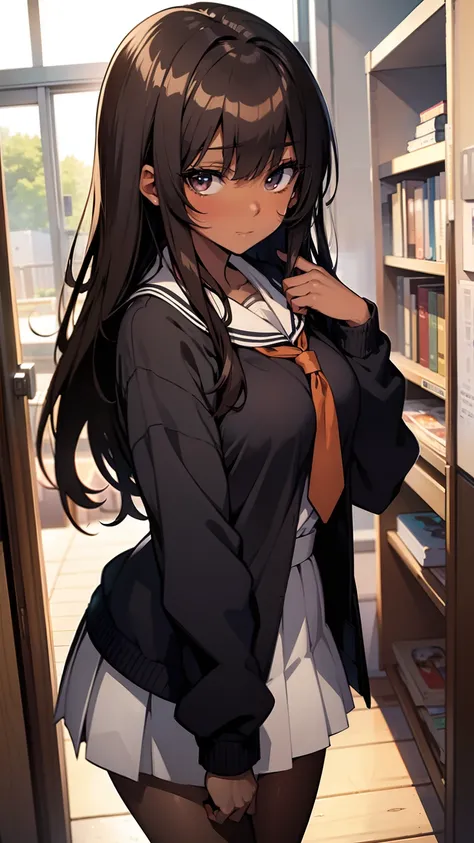 (Masterpiece, Best quality, Anime:1.3), school girl, brown skin, seductive look, shy, has a deep secret, medium sized breasts, viewer_pov, black eyes, Alluring