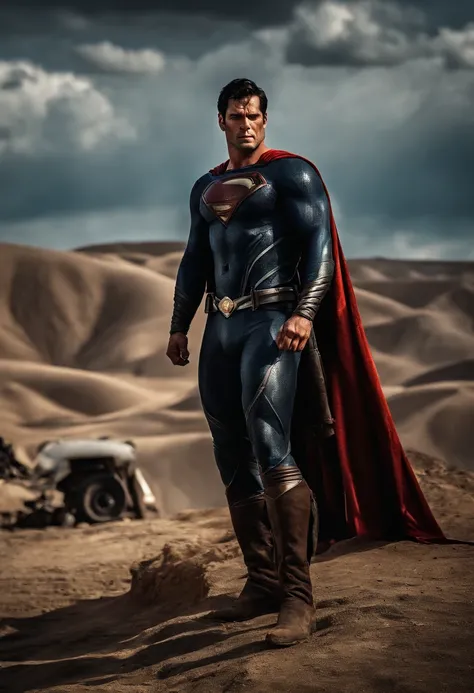 Mad Max as superman, photographrealistic, Postapocalypse、rifle、naked, huge tit、superman、Lots of skin、