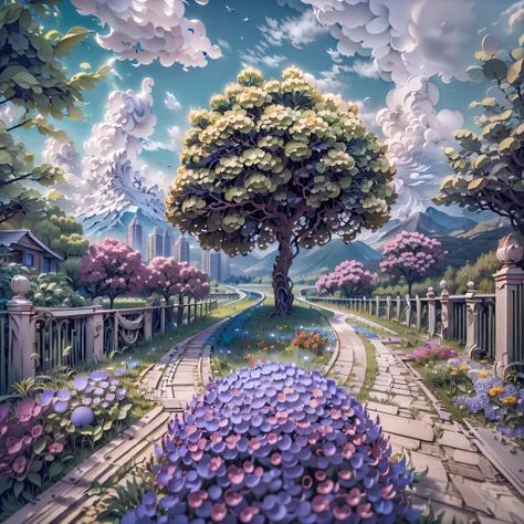 (Best quality,4K,8K,A high resolution,Masterpiece:1.2),Ultra-detailed,(Realistic,Photorealistic,photo-realistic:1.37),Wide-angle lens, bridge, Building, Bush, City, Cloud, day, Door, fence, Field,orest, sonoko, Grass, house, hydrangea, Mountain, Nature, No...