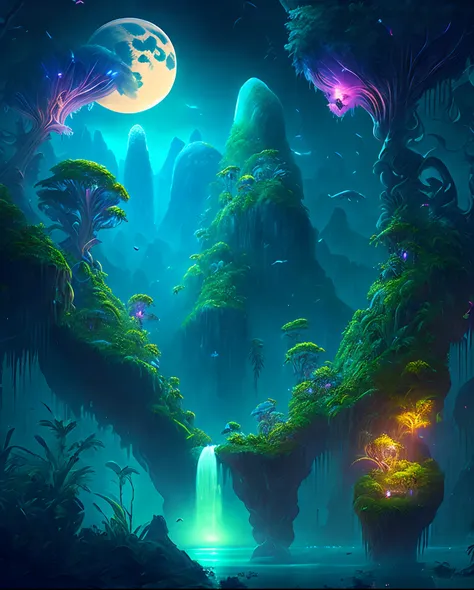 an enchanting fantasy jungle under a moonlit sky, massive floating islands covered in lush vegetation, cascading waterfalls, and...