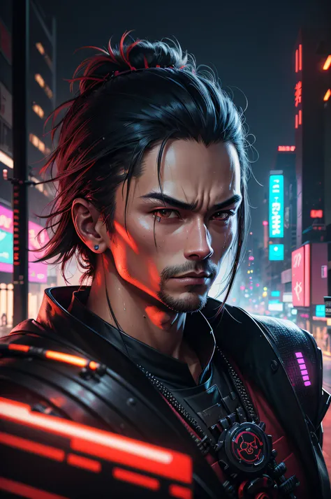 Cyberpunk samurai Output: glamour shot of samurai, the Cyberpunk samurai, surrounded by city neon lighting, realistic, realistic, morbide, dark, very detailed, rendered in octane, wet, dense atmospheric, epic, dramatic, empty, creepy, trail cam