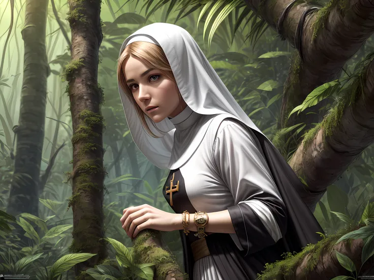 high details, best quality, 16k, [ultra detailed], masterpiece, best quality, dynamic angle, ultra wide shot, RAW, photorealistic, fantasy art, realistic art, a picture of a catholic nun getting lost in the jungle, a nun, wearing nun habit, dynamic colors,...