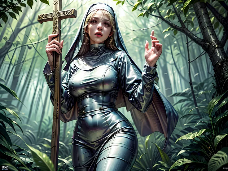 high details, best quality, 16k, [ultra detailed], masterpiece, best quality, dynamic angle, ultra wide shot, RAW, photorealistic, fantasy art, realistic art, a picture of a catholic nun getting lost in the jungle, a nun, wearing nun habit, dynamic colors,...