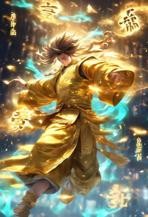 1boys,Solo,Young scholars of ancient China，Holding a golden brush，Writing is in full swing，(Transparent glowing golden Chinese characters hovered in midair:2)，Vertical text，glittery，Scholar in blue robes，Long flowing hair flutters in the wind，16k, hyper HD...