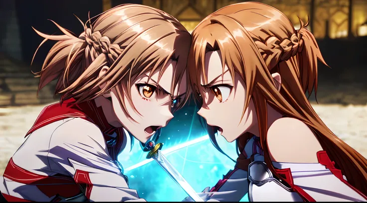 best pictures,Two Asunas、The sword、​masterpiece, super precision、Thrusting sword、[3D images:1.25]、(Sword fight scene:1.45),(Cute Asuna with brown hair and brown eyes:1.5),(fighting each other:1.35),Facing(Asuna turned evil with purple hair and purple eyes:...