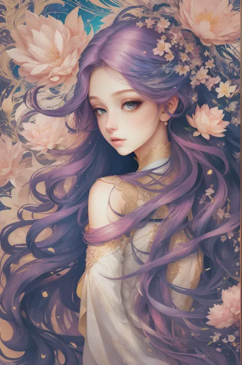 （（Gorgeous 18-year-old princess）），（She has long flowing pink hair），（Bright and beautiful eyes），trendding on artstation，Flowers of hope，ultra-detailliert，insanely details, Amazing, complex, elite, Art Nouveau, a gorgeous, Dreamy，Liquid wax, Luxurious, Ink s...