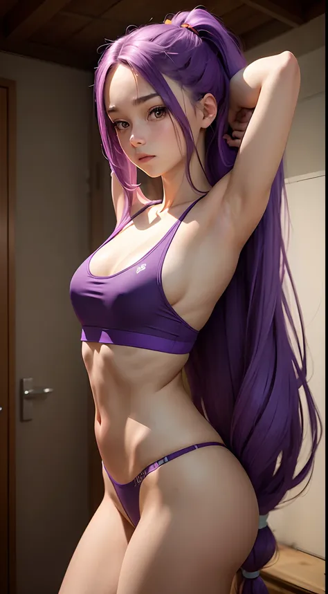 Girl with long purple hair slim, cuteface, little chest, in a thong and a sports top