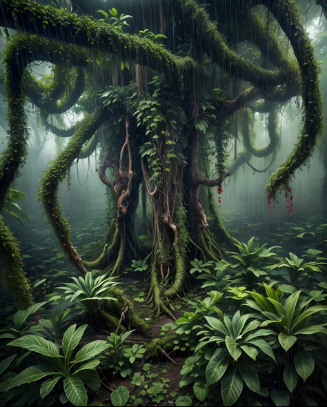 a perilous fantasy jungle during a torrential downpour, twisted vines, carnivorous plants, and lurking creatures, the air thick ...