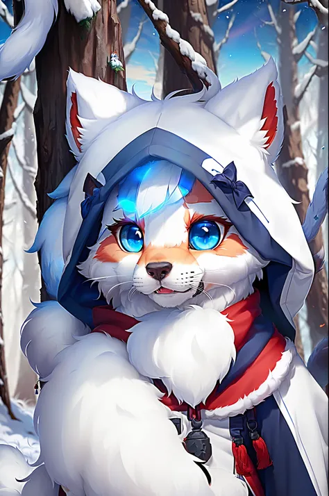 Anthropomorphic furry small, White color hair,large ear，Big blue eyes，Fluffy tail，adolable, Light：Extreme light and shadow,(anthr(A half body，Full Body Furry, Fluffy tail, White fur，Reddish skin ，Sky blue eyes, Silvery hair:1.2), (long canines、cloaks：1.0），...