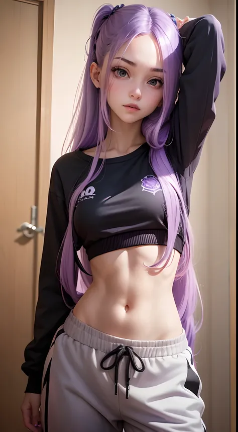 Girl with long purple hair slim, cuteface, little chest, in sweatpants