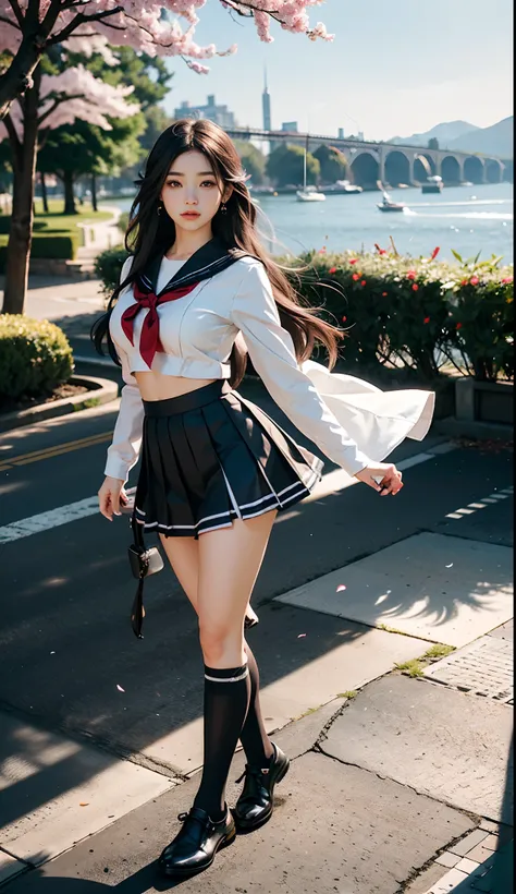 (Japanese-style school，the cherry trees：1. Mature elven beauty，standing on your feet，a sailor suit）， tmasterpiece， best qualtiy， RAW photogr， realisticlying， Incredibly Ridiculous res，Elf long ears， ear studs，hair pin， (Long flowing hair in silver and blac...