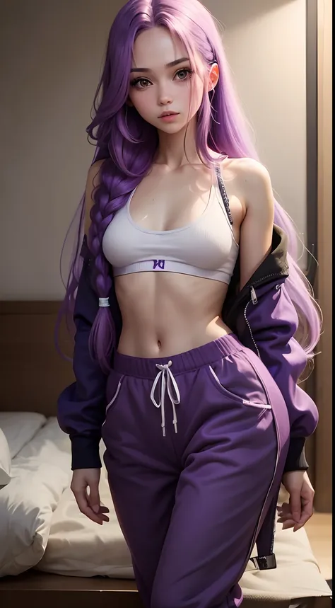 Girl with long purple hair slim, cuteface, little chest, in sweatpants