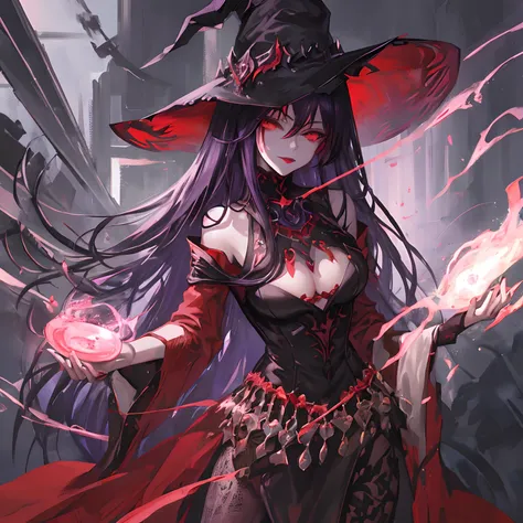 Woman, long dark purple hair, red eyes with a bright light, black long open dress, witch, silver jewelry in the shape of ribs, metal mask on half of the face, black lipstick