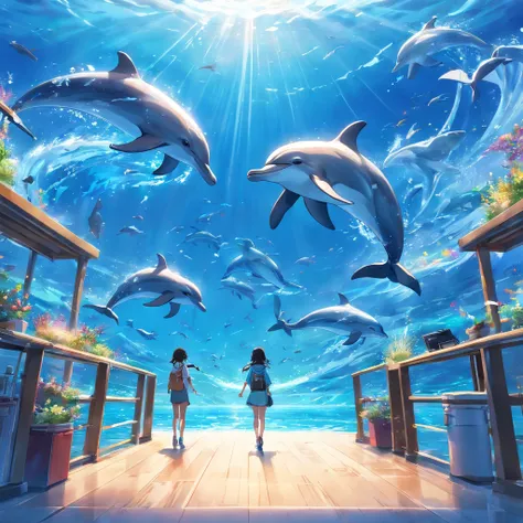 Painting of dolphins swimming in colorful ocean, Look up at the composition, Jellyfish and whales in the sky, A beautiful artwork illustration, colorful concept art, flying whale, highly detailed water colour 8k, highly detailed water colour 8 k，octane，the...