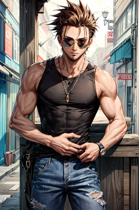 (best quality),(masterpiece),(original),extremely detailed wallpaper,looking at viewer,1boy,male,male focus,solo,brown hair,spiky hair,forehead,spiked hair,sunglasses,black tank top,jeans,standing,upper body,(dark skin:1.2),