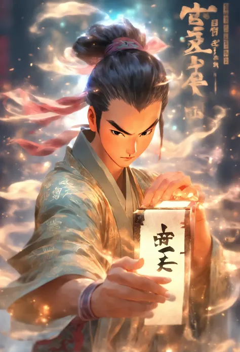 1boys,(((Solo)))，full bodyesbian,Young scholars of ancient China，(Hold the transparent illuminated scroll:1.5)，(Transparent glowing kanji hovering in midair:2)，（Transparent kanji background：1.5），Vertical text，glittery，Scholar in blue robes，Long flowing hai...