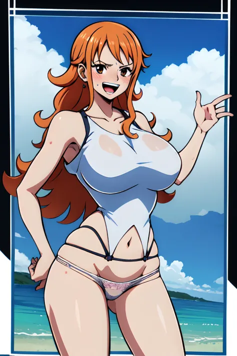 (masterpiece:1.1), best quality,beautiful detailed eyes, hentai,
Nami from one piece, clearly, long orange hair, brown eyes, joyful expression,
(Thong:1.1), (white top:1.1),Big tits, light blush, sweaty,vibrant colors, steam, lustrous skin,see thru clothes...