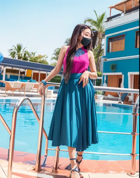 a woman standing next to a pool wearing a mask, photo taken in 2 0 2 0, stylish pose, profile pic, profile image, dressed in long fluent skirt, with lovely look, wearing a tanktop and skirt, wearing an elegant tribal outfit, vibrant aesthetic, skirt, taken...