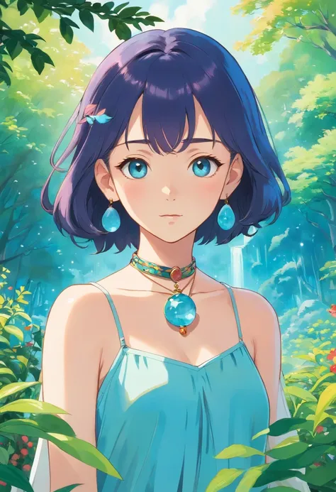 Girl in an anime collar, Long necklaces and earrings, In the style of a tranquil garden landscape, colorful animation stills, Masami Teraoka, aquamarine, paul gauguin, Embry style, Honest portrayal