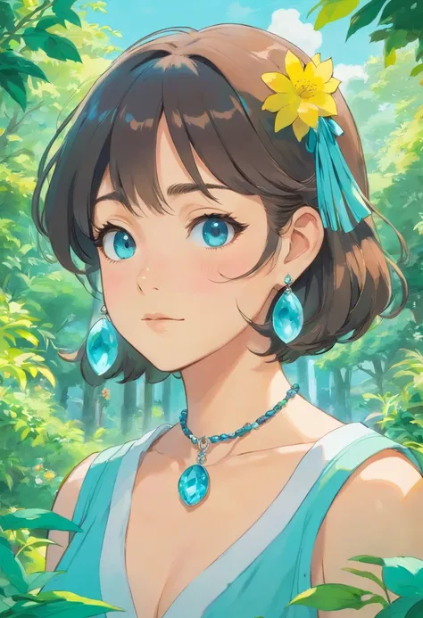 Girl in an anime collar, Long necklaces and earrings, In the style of a tranquil garden landscape, colorful animation stills, Masami Teraoka, aquamarine, paul gauguin, Embry style, Honest portrayal