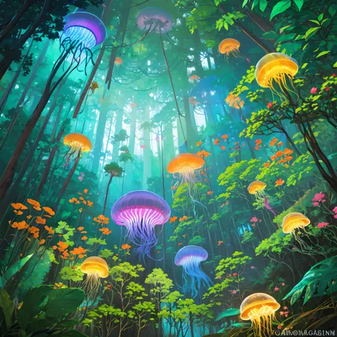 (Best quality), (masterpiece:1.3), (Animated Style Illustration:1.36), ultra-detailed, nature, Humidity in the rainforest, Untamed jungle, Dense jungle, where colorful jellyfish, float through the air. Fantastic jungle reflected by small jellyfish that emi...