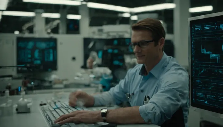 An image of a modern, high-tech laboratory with blue-tinted lighting reflecting off computer screens. In the laboratory, Dr. Octavius is standing in front of a complex control panel, operating buttons and experimental equipment. On the worktable, there are...