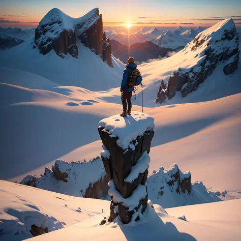 (Natural scenery, HD avatar) A man standing on top of a snowy mountain，Wear neat climbing gear，Greeting the rising sun，Greet the sun with open arms。