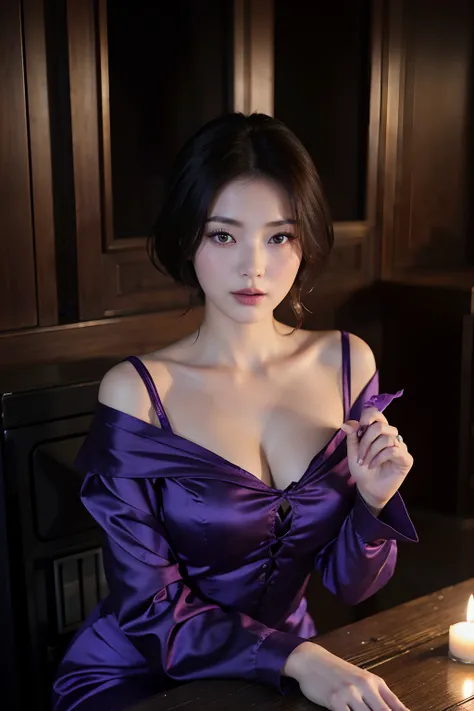 The Arad woman in a purple dress sat at the table，holding a candle, gorgeous chinese models, Sexy dress, xision wu, sexy look at the camera, Purple top, xintong chen, Chinese girl, yanjun cheng, Shot on Canon EOS R 6, Lin Qifeng, wenfei ye, chengyou liu, S...