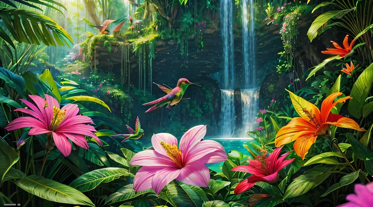 best quality, ultra-detailed, (photorealistic), fantastic jungle, Flowering, Hundreds of small hummingbirds are foraging the huge flowers, jungle filled with huge colorful flowers (bigger than men) with a waterfall at the bottom, depth of field, grain of f...