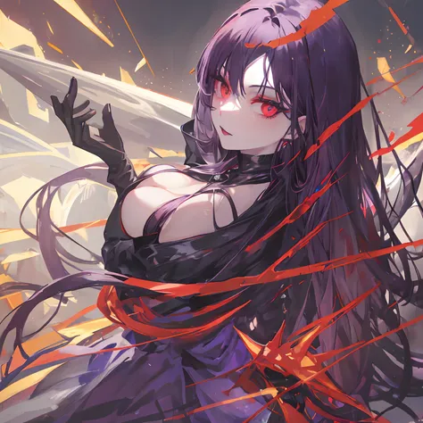 Woman, long dark purple hair, red eyes with a bright light, black long open dress, witch, silver jewelry in the shape of ribs, metal mask on half of the face, black lipstick