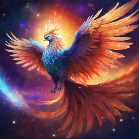 Proud Bright phoenix, flying through deep space with stars and planets in the background highly detailed, wings fully spread out, long tail feathers, perfectly formed feet and claws, realistic detail, UHD, 4k, dream like, surreal,