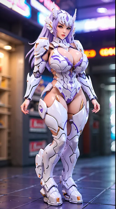 (nsfw:0.7), WHITE, PURPLE, DRAGON QUEEN, HUGE BOOBS, MECHA ARMOR FULL SUIT, (CLEAVAGE), TRANSPARANT, TALL LEGS, STANDING, THICK BODY, MUSCLE ABS.