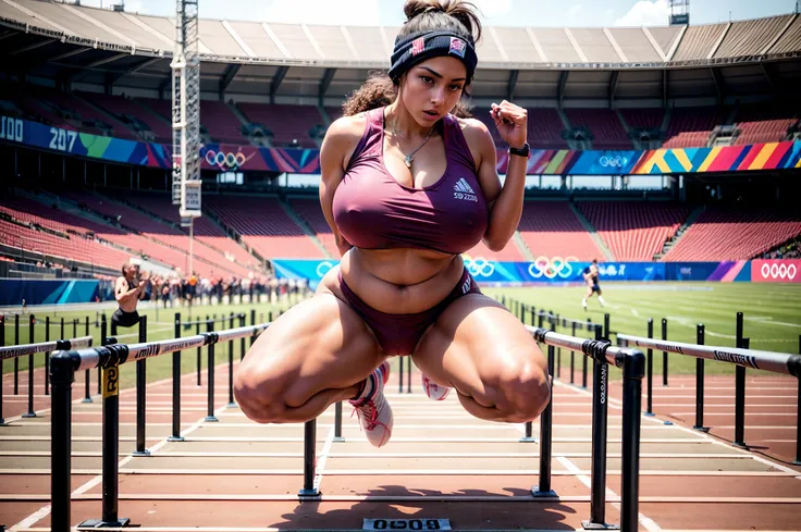 black athlete performing 110 meter hurdles event at the olympic stadium, exposed (huge erect futanari genitalia), (naked crotch) saggy breast, plump body, olympic stadium is sold-out, add_detail:1, olympic event , stunning image, underboobs, (((cropped tan...