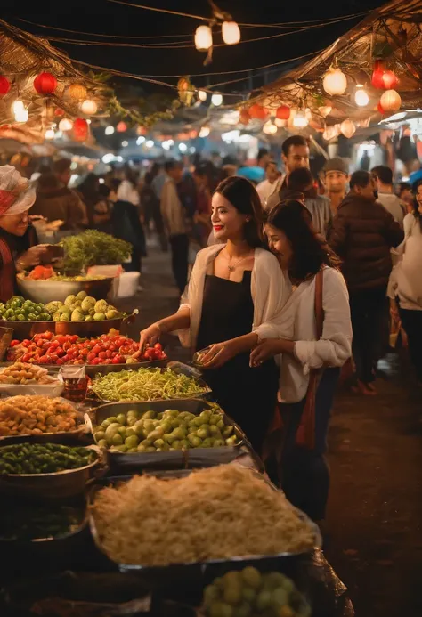 (best quality,realistic:1.37),night market scene,happy woman,street food,animated crowd,city lights,urban life,casual clothing,joyful expression,snacks vendor,bustling atmosphere,exciting,energetic,diverse people,social interaction,nightlife,shops and stal...