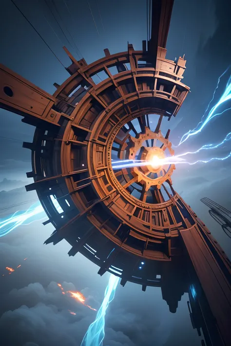 A very dynamic scene. 1200 years. fantasy world. Giant vintage rusty gear flies through time and space. Very close-up. view from bottom. Flying through the clouds, sparks, Blue Flame. super realistic. Cinematic. Blurred background in motion. Light haze